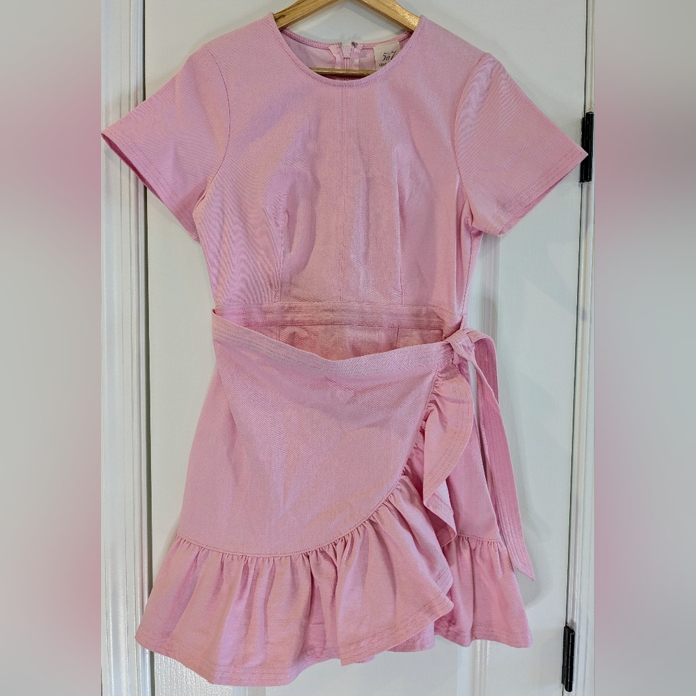 CINQ A SEPT JOSI Pink Quartz Denim Mini Ruffle Dress Sz 8 NWT Romantic Feminine - Picture 2 of 16